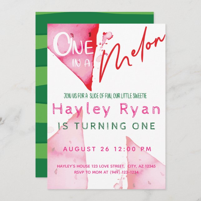 One In a Melon 1st Birthday Invitation (Front/Back)