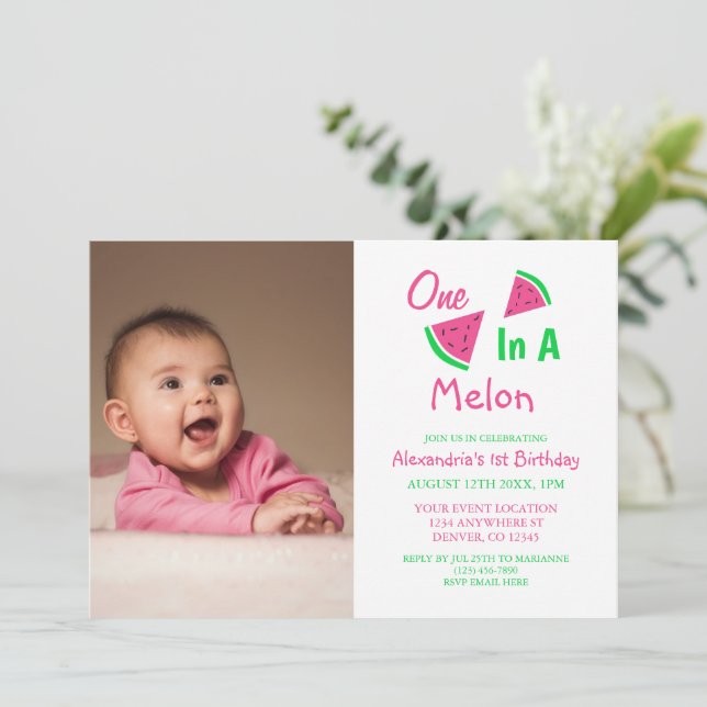 One In A Melon 1st Birthday Invitation (Standing Front)
