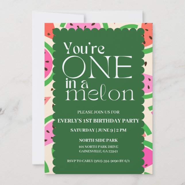 'One in a Melon' 1st Birthday Invitation  (Front)