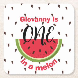 One in a Melon 1st Birthday Party Square Paper Coaster