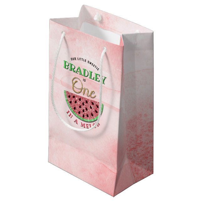 One In A Melon 1st Birthday Small Gift Bag (Front Angled)