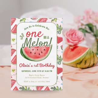 One in a Melon 1st Birthday Summer party Invitation