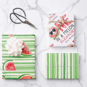 One in a melon 1st birthday watercolor watermelon wrapping paper sheet