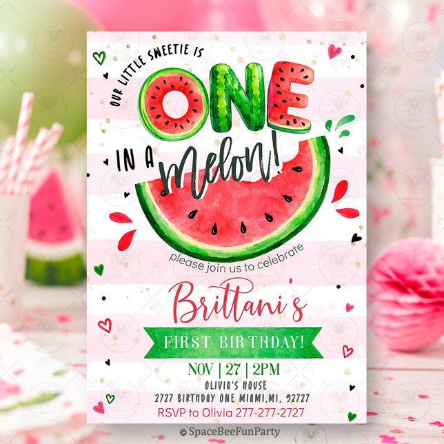 One In A Melon 1st Birthday Watermelon  Invitation (watermelon birthday invitation, one in a melon, first birthday invitation, summer birthday party, wa)