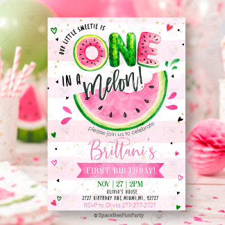 One In A Melon 1st Birthday Watermelon  Invitation