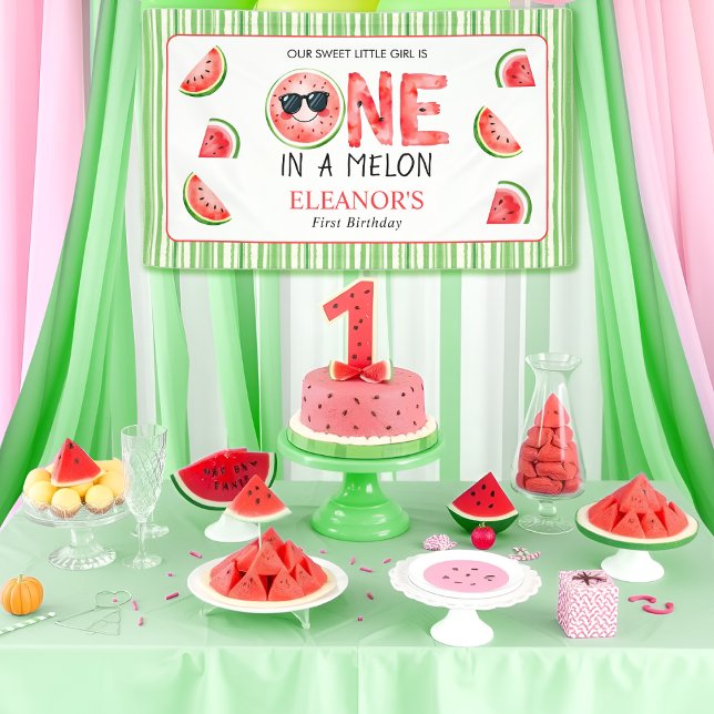 One in a melon 1st birthday watermelon party banner (Creator Uploaded)