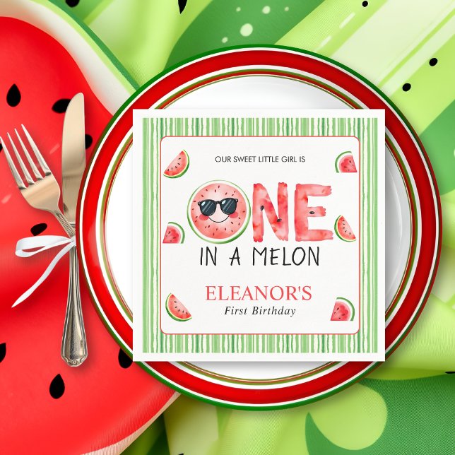 One in a melon 1st birthday watermelon party napkin (Creator Uploaded)