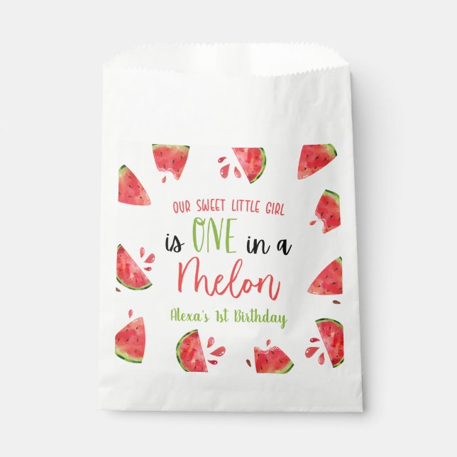 One In A Melon 1st First Birthday Party Watermelon Favour Bag (Front)