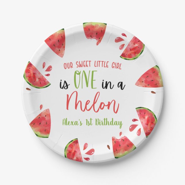 One In A Melon 1st First Birthday Party Watermelon Paper Plate (Front)
