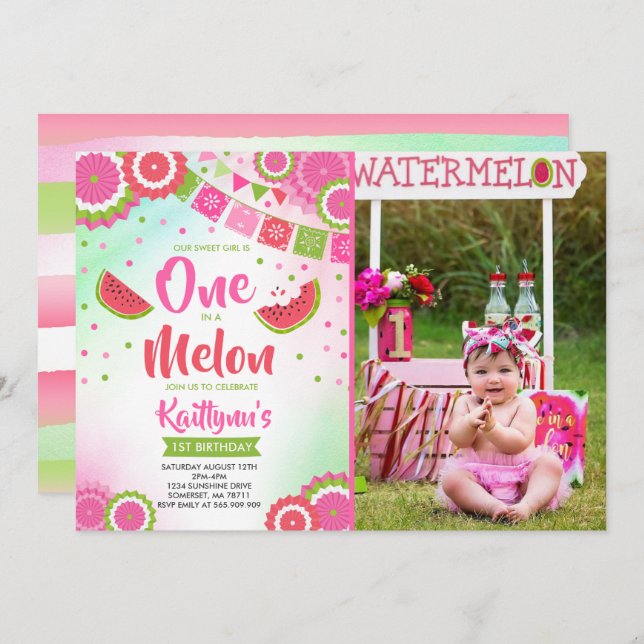 One In A Melon Birthday Invitation Melon Party (Front/Back)