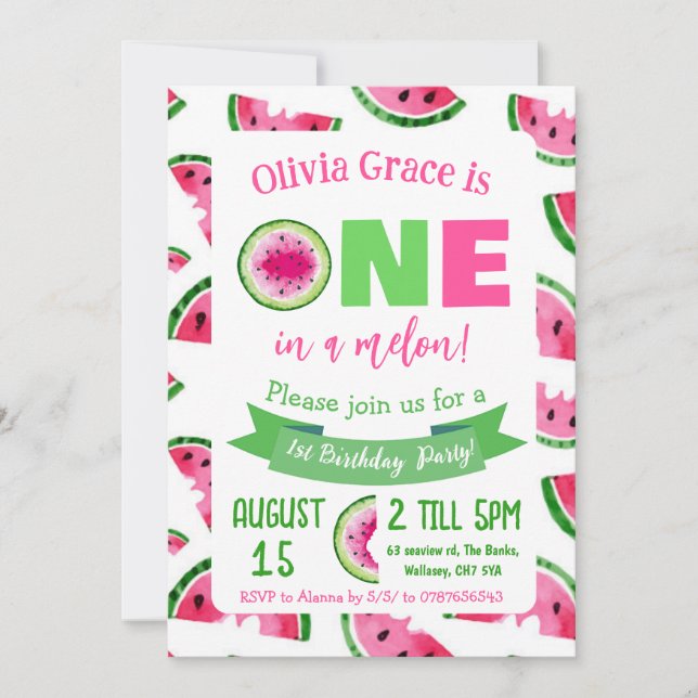 ONE in a melon birthday invitation, watermelon Invitation (Front)