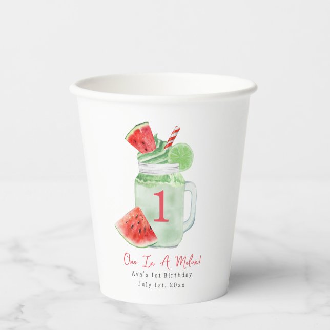One In A Melon Birthday Party Watermelon Smoothie Paper Cups (Front)