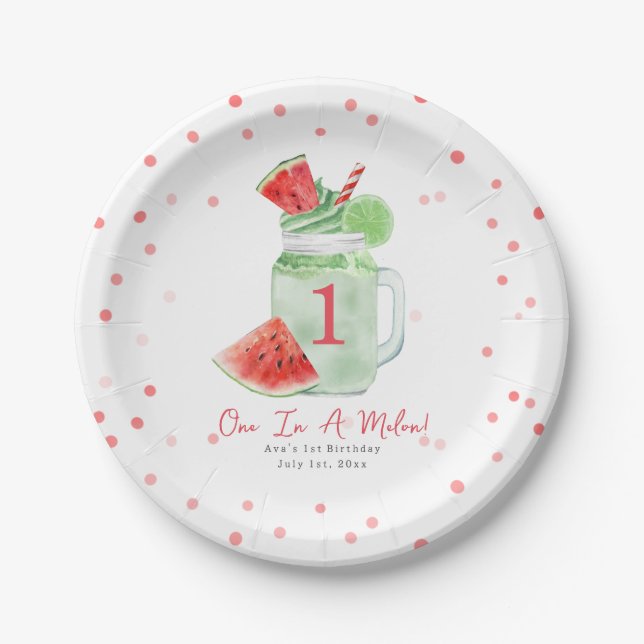 One In A Melon Birthday Party Watermelon Smoothie Paper Plate (Front)