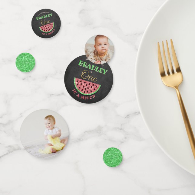 One In A Melon Chalkboard 1st Birthday Party Photo Confetti (Group)