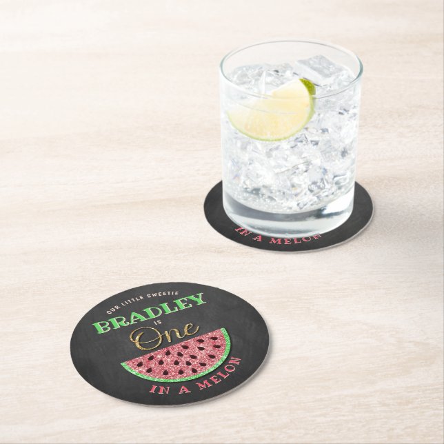 One In A Melon Chalkboard 1st Birthday Round Paper Coaster (Insitu)