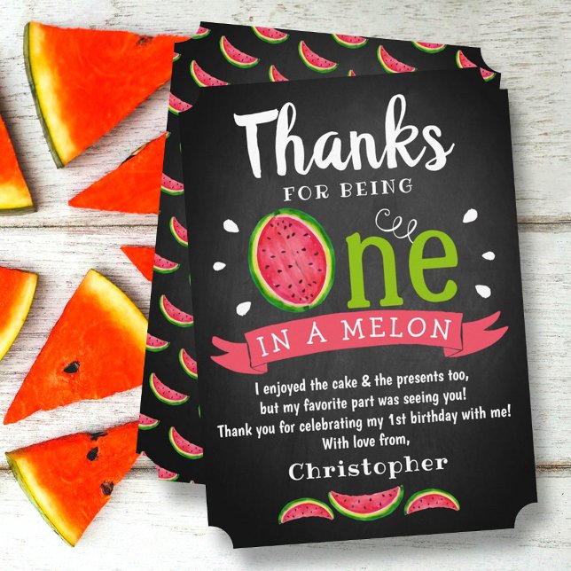 One In A Melon Chalkboard 1st Birthday Thank You Card (Creator Uploaded)