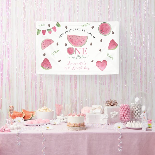 One in a Melon Cute Watermelon Girl 1st Birthday Banner (Party)
