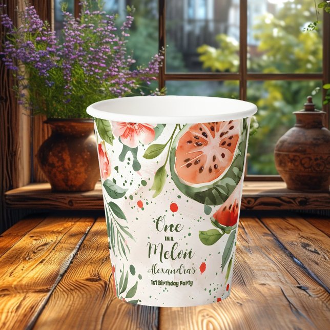 'One in a Melon' Cute Watermelon Girl 1st Birthday Paper Cups (Creator Uploaded)