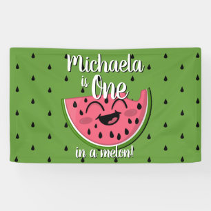 One in a Melon Cute Watermelon Green Birthday Banner