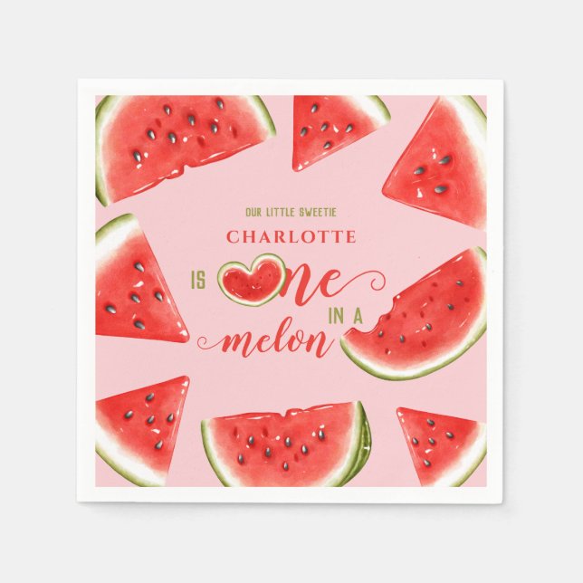 One In A Melon Cute Watermelon Pink 1st Birthday  Napkin (Front)