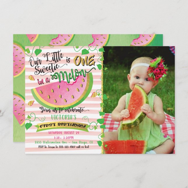 One in a Melon first Birthday Party with Photo Invitation (Front/Back)