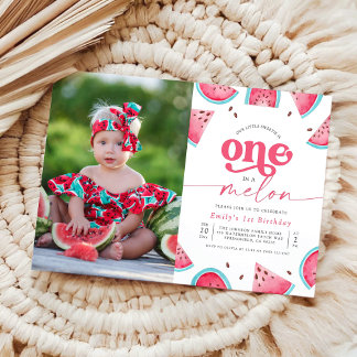One in a Melon Girls Photo First Birthday Party Invitation