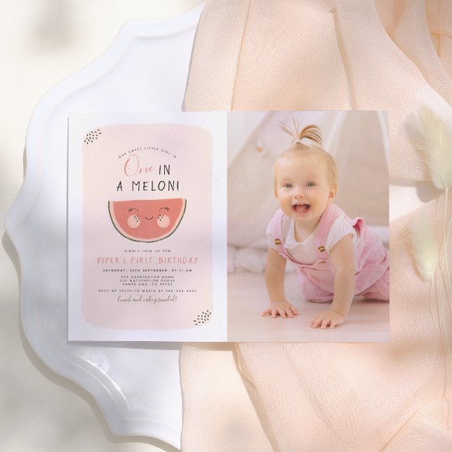 One In A Melon Girls Photo First Birthday Party Invitation (Creator Uploaded)