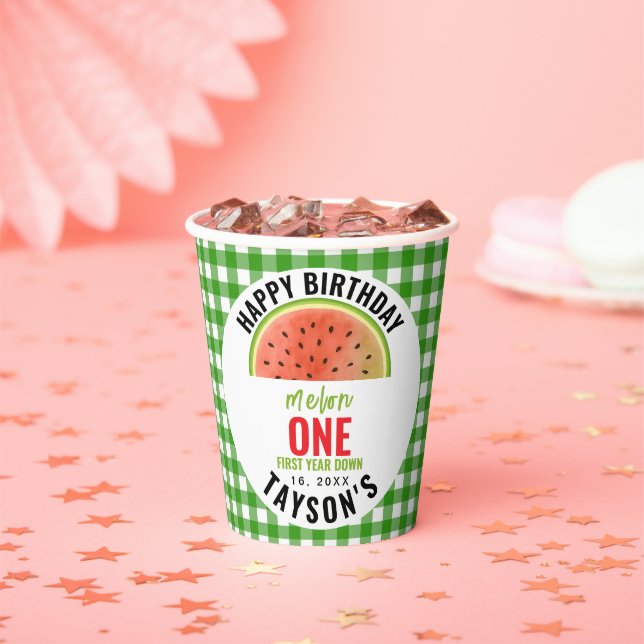 One in a Melon glitter watermelon 1st birthday Paper Cups (Insitu)
