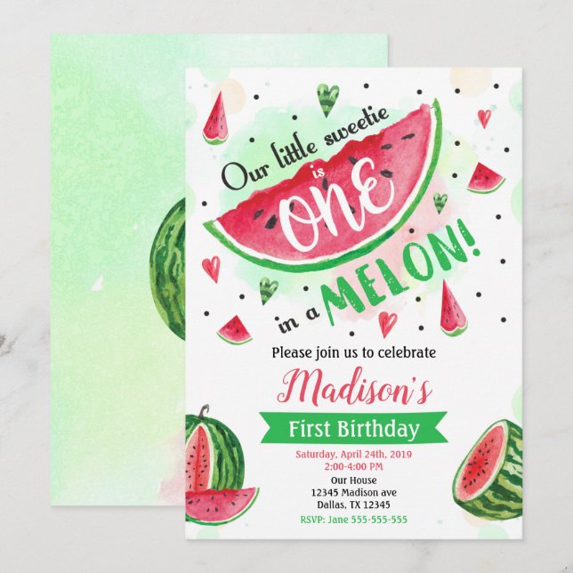 One in a Melon Invitation, Watermelon 1st Birthday Invitation (Front/Back)