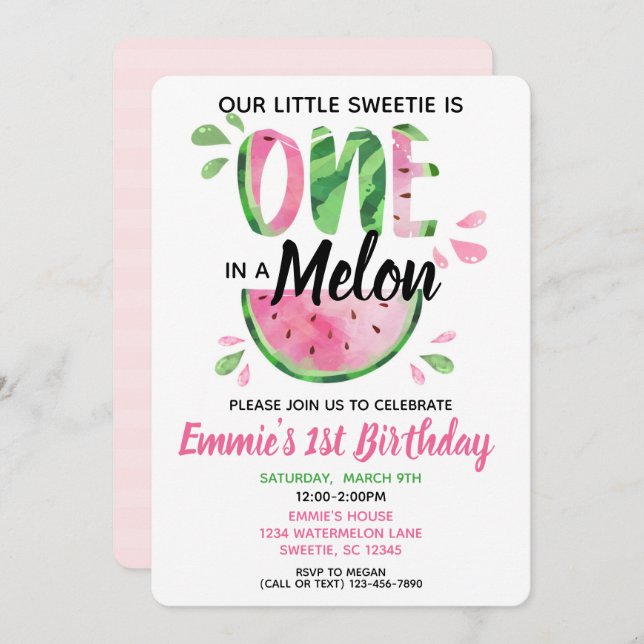 One in a Melon Little Girl First Birthday Invite (Front/Back)
