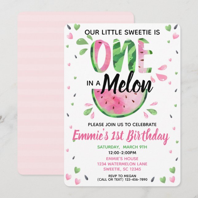One in a Melon Little Girl First Birthday Invite (Front/Back)