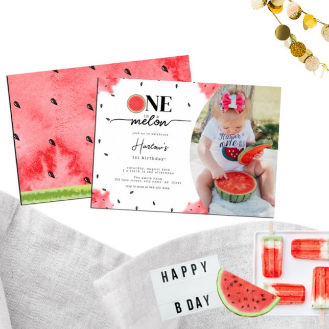 One In a Melon Photo 1st Birthday Invitation (Creator Uploaded)