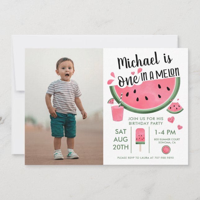 One In A Melon Photo Boy's Birthday  Invitation (Front)
