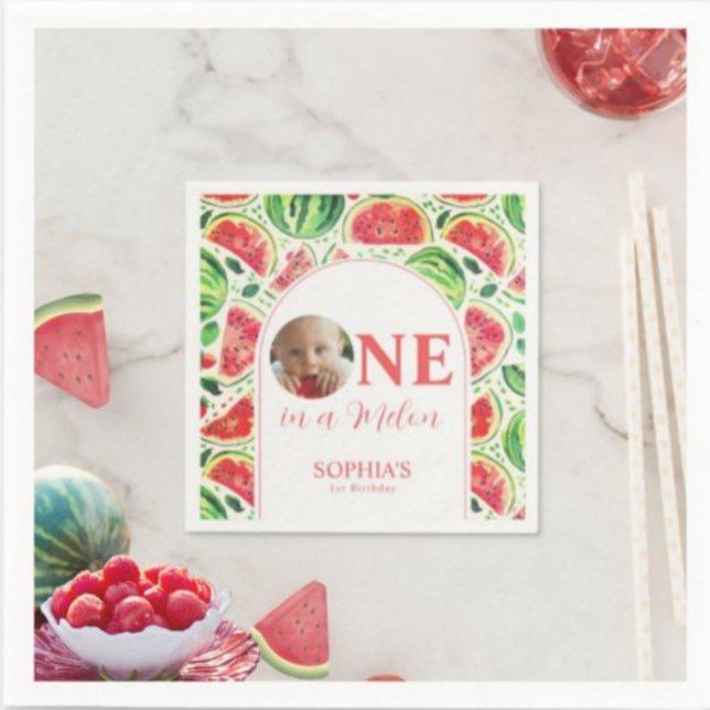 One In A Melon Photo First Birthday  Napkin (One In A Melon Photo 1st Birthday Paper Napkin)