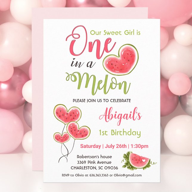 One In A Melon Pink 1st Birthday Girl Invitation (One in a melon girls' 1st Birthday invitation in pink, white and green, watermelon in heart shape,)
