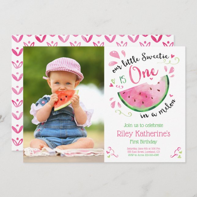 One in a Melon Pink 1st Birthday Photo Invitation (Front/Back)