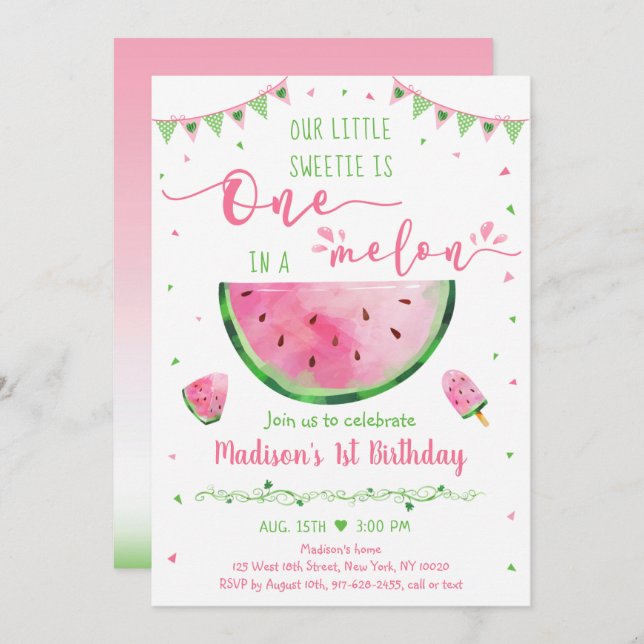 One In A Melon Pink Green Watermelon Birthday Invitation (Front/Back)