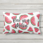 One in a Melon Quote Watermelon Watercolor Pattern Lumbar Cushion<br><div class="desc">This cute and modern fruity foodie pattern is perfect for the summer season. It features a black brushstroke typography quote, "One in a melon, " on top of artsy hand-drawn and hand-patined red, black, white, and green watercolor watermelon fruit pattern. It's fun, playful, and unique! ***IMPORTANT DESIGN NOTE: For any...</div>