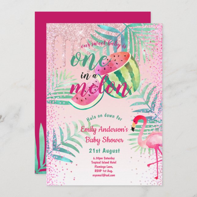One in a Melon Tropical Flamingo Watermelon Pink Invitation (Front/Back)
