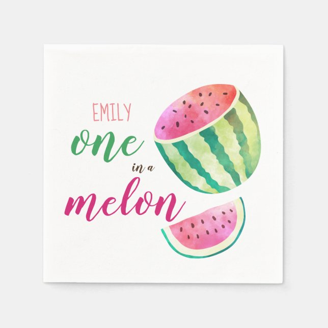 One in a Melon Tropical Watermelon Watercolor Pink Napkin (Front)