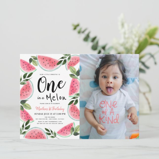One in a Melon Watercolor 1st Birthday Photo Invitation (Standing Front)