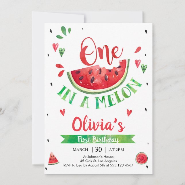One In A Melon Watermelon 1st Birthday Invitation (Front)