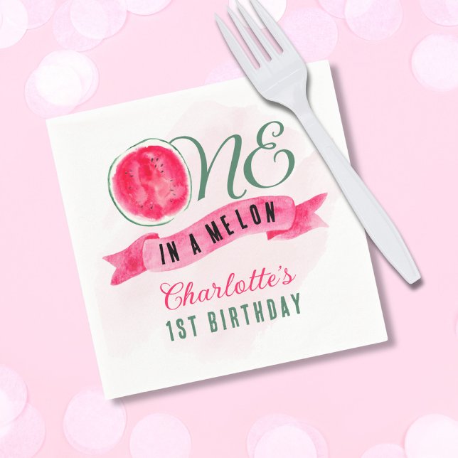 One in a Melon Watermelon 1st Birthday Napkin (Creator Uploaded)