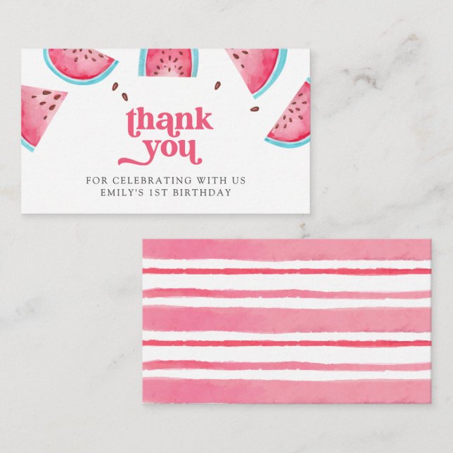 One in a Melon Watermelon 1st Birthday Thank You Enclosure Card (Front/Back)