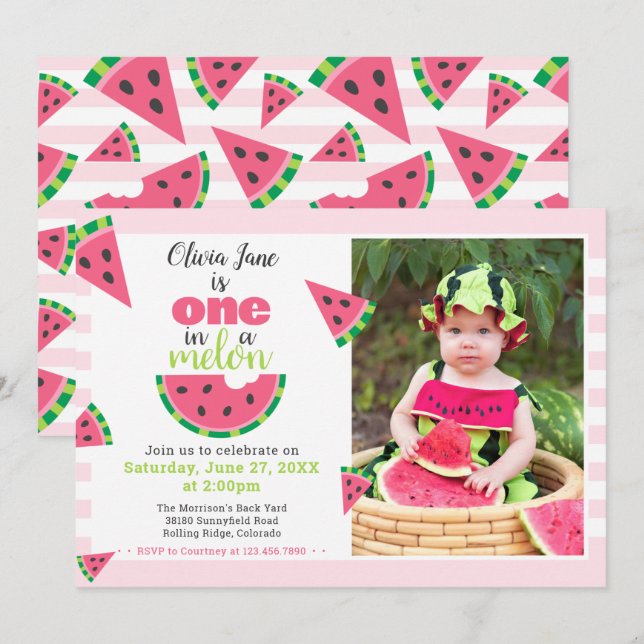 One in a Melon Watermelon Baby 1st Birthday Photo Invitation (Front/Back)
