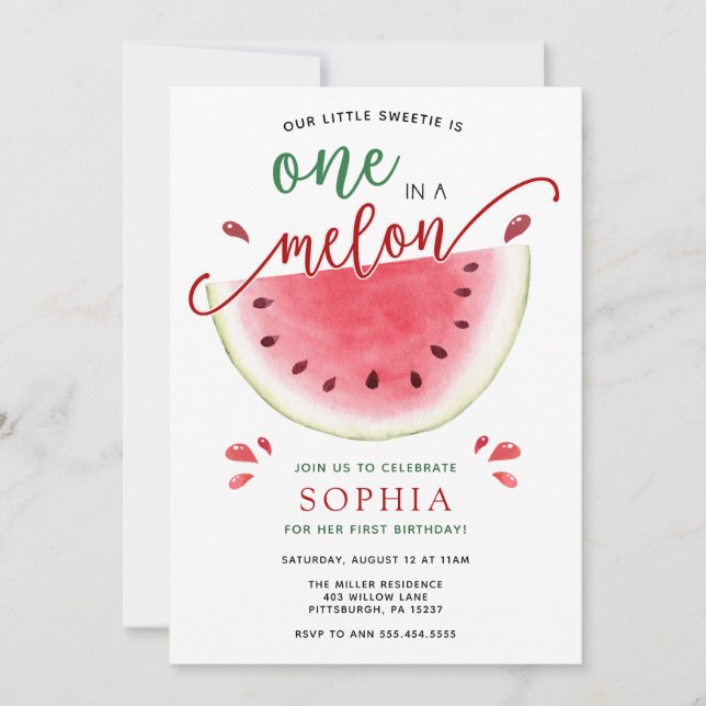 One in a Melon Watermelon Birthday Invitation (Front)