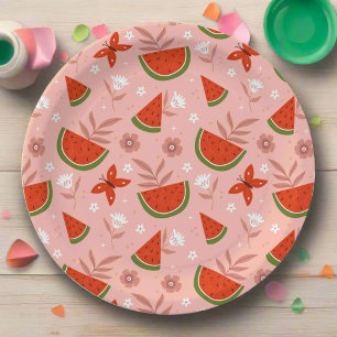 One in a Melon Watermelon Butterflies Birthday Paper Plate