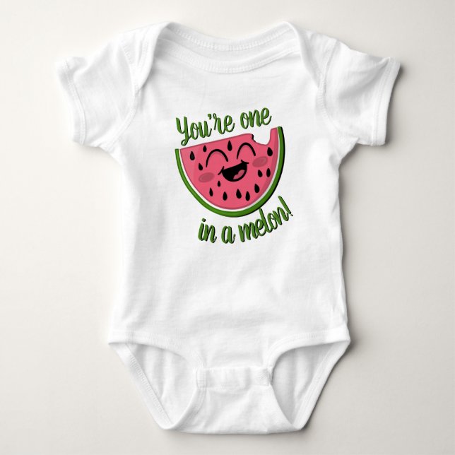 One in a Melon Watermelon Cute Pink Green Pun Baby Bodysuit (Front)