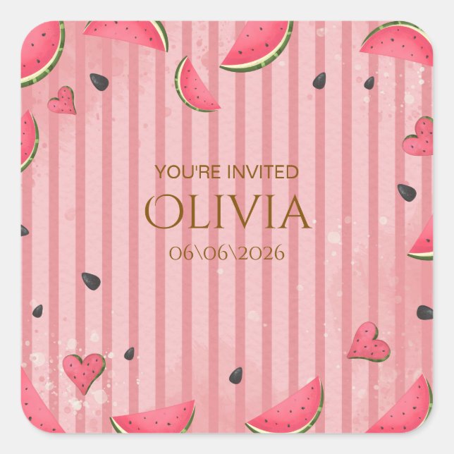 One in a Melon Watermelon First Birthday Invitatio Square Sticker (Front)