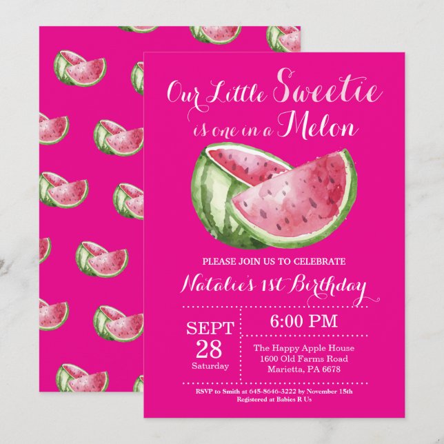 One in a Melon Watermelon First Birthday Invite (Front/Back)